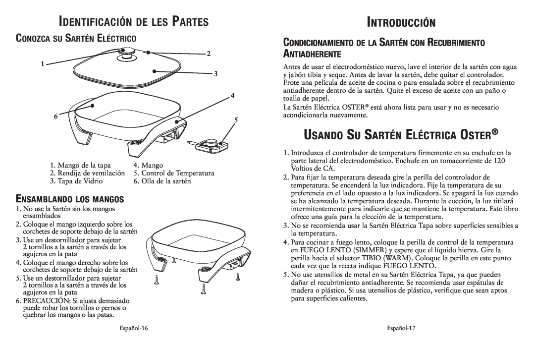 Oster Cookware Identificación de les Partes, Introducción, Usando Su Sartén Eléctrica Oster, Conozca su Sartén Eléctrico 