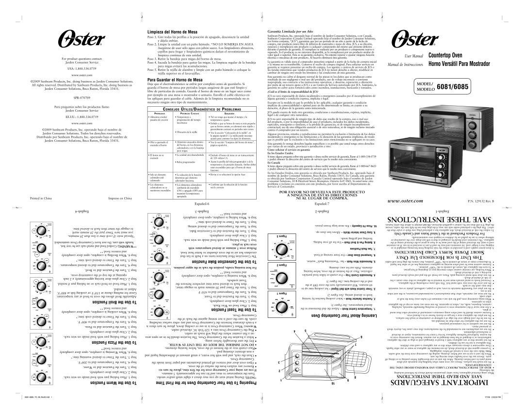 Oster 6081/6085 user manual Limpieza del Horno de Mesa, Para Guardar el Horno de Mesa, Function Warm the Use To 