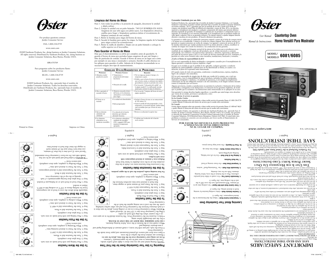 Oster countertop oven user manual Safeguards Important, Instructions These Save, MODEL/MODELO 6081/6085 
