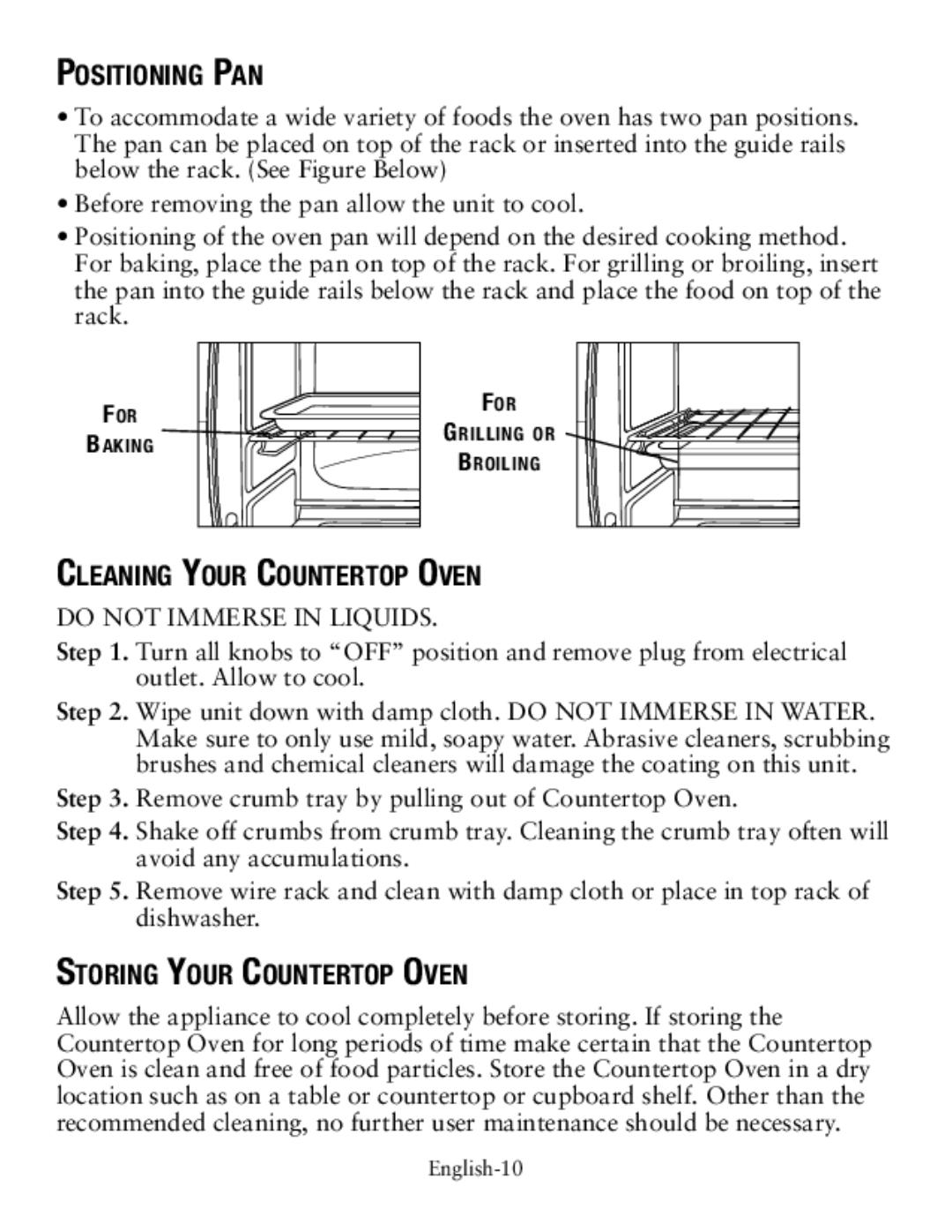 Oster countertop oven, tssttvcg02 user manual Positioning Pan, Cleaning Your Countertop Oven, Storing Your Countertop Oven 