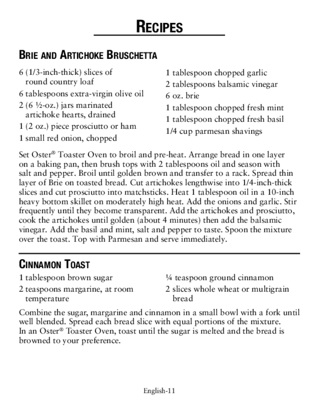 Oster tssttvcg02, countertop oven user manual Brie and Artichoke Bruschetta, Cinnamon Toast, Oz. brie 