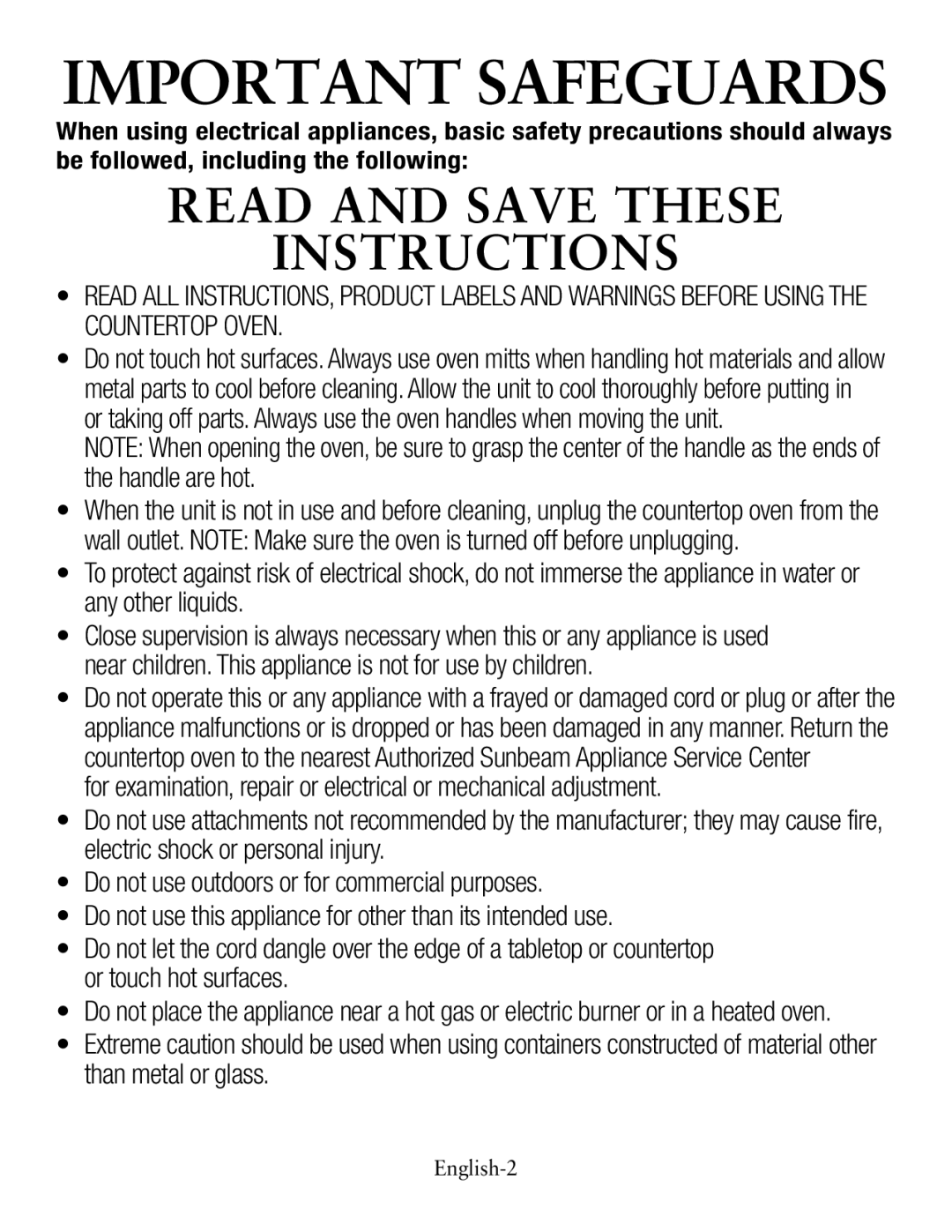 Oster countertop oven, tssttvcg02 user manual Important Safeguards 