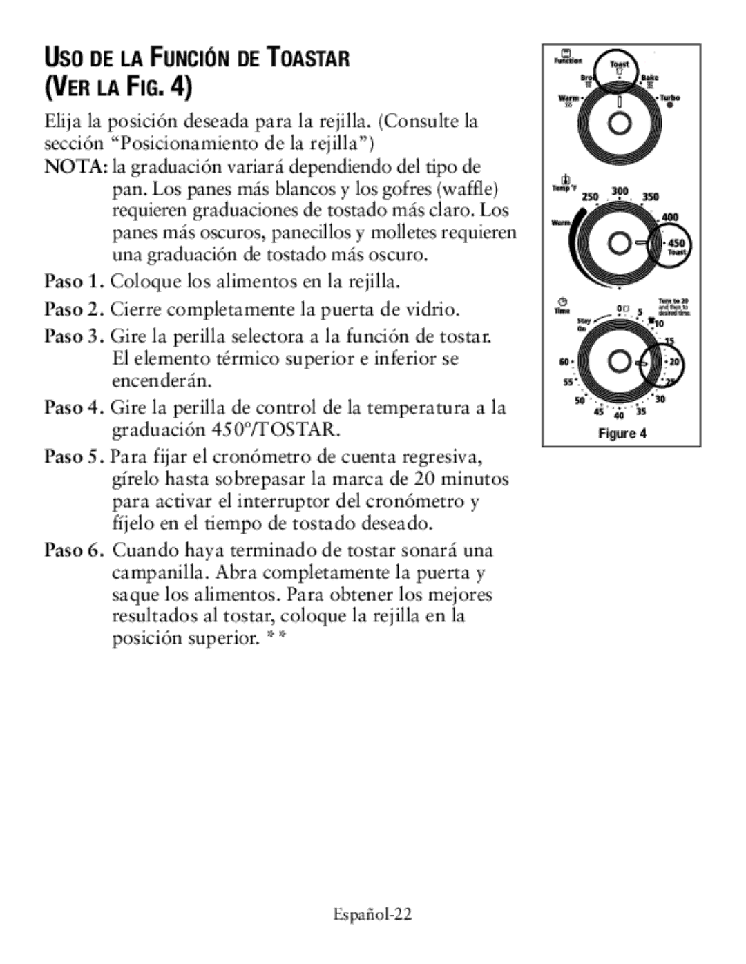 Oster countertop oven, tssttvcg02 user manual Uso de la Función de Toastar Ver la Fig 