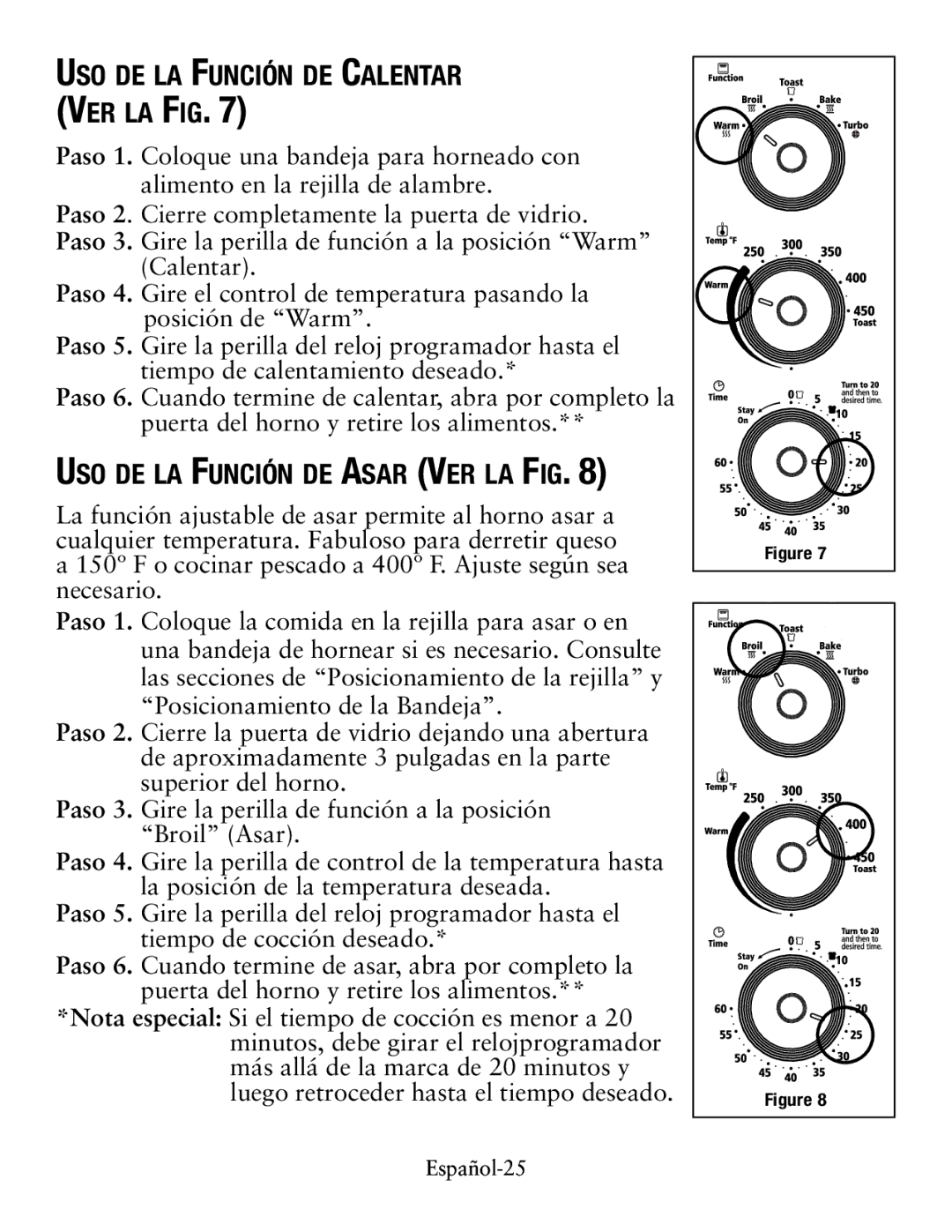 Oster tssttvcg02, countertop oven user manual Uso de la Función de Calentar Ver la Fig, Uso de la Función de Asar Ver la Fig 