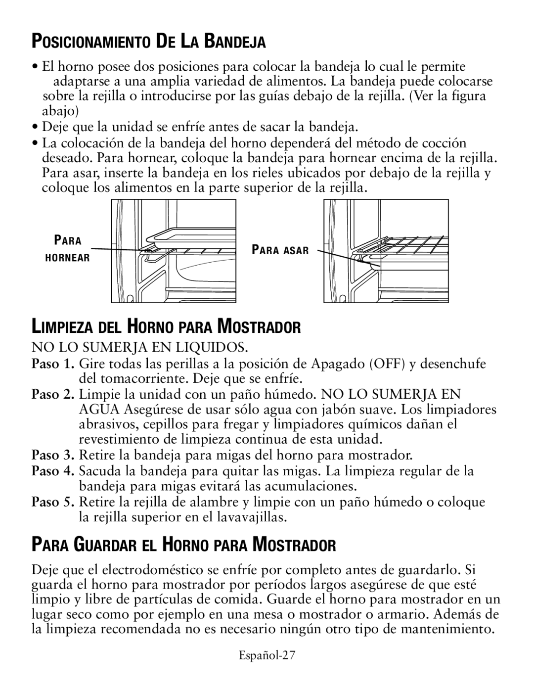 Oster tssttvcg02 Posicionamiento De La Bandeja, Limpieza del Horno para Mostrador, Para Guardar el Horno para Mostrador 