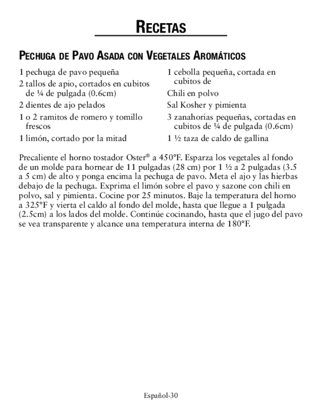 Oster countertop oven, tssttvcg02 user manual Pechuga de Pavo Asada con Vegetales Aromáticos 