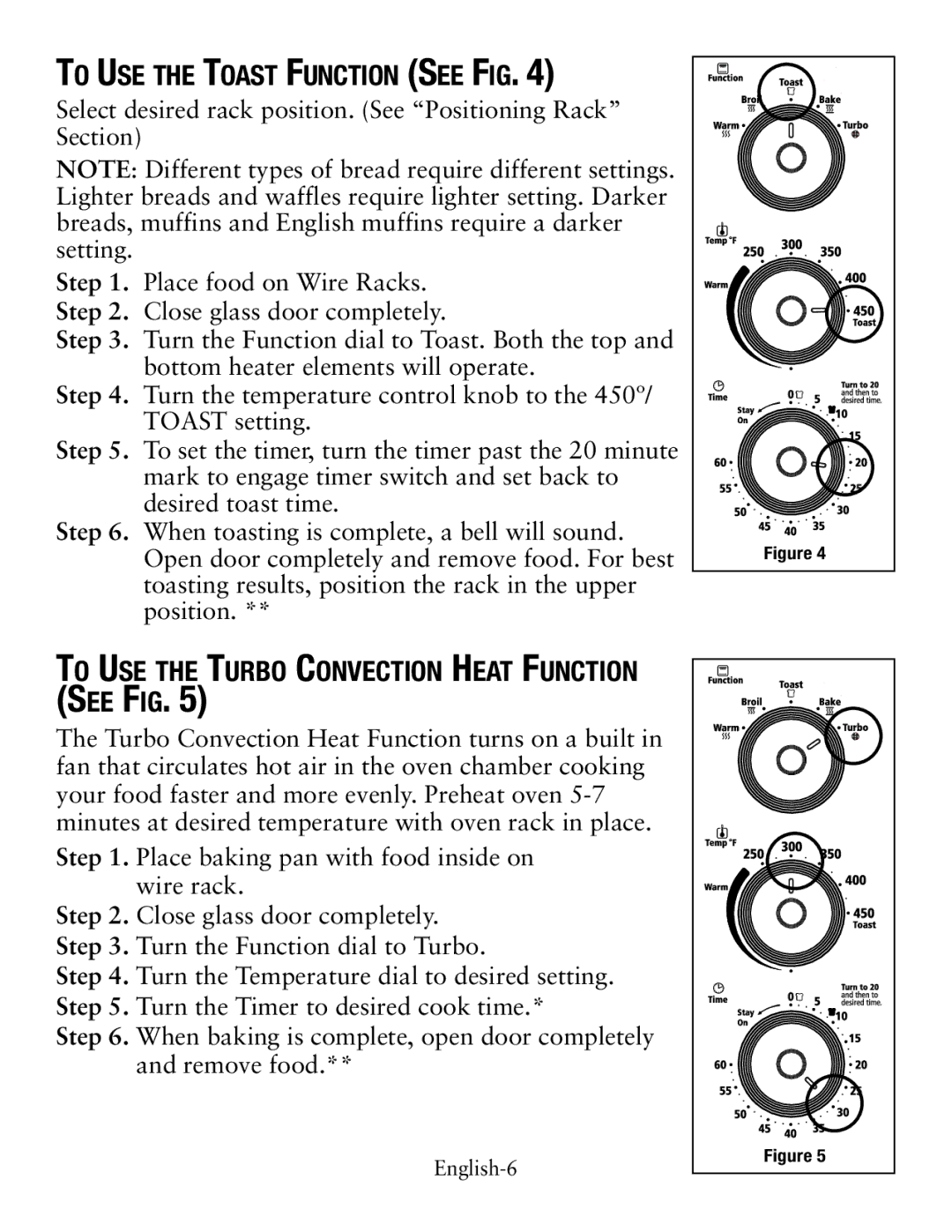 Oster countertop oven, tssttvcg02 user manual To Use the Toast Function See Fig, To Use the Turbo Convection Heat Function 