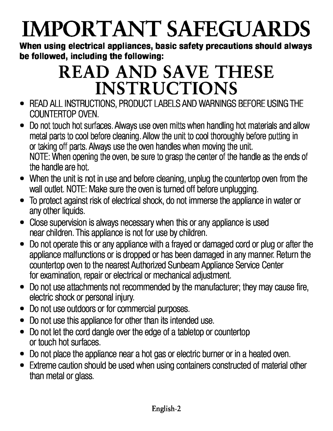 Oster countertop oven, tssttvcg02 user manual Important Safeguards, Read And Save These Instructions 