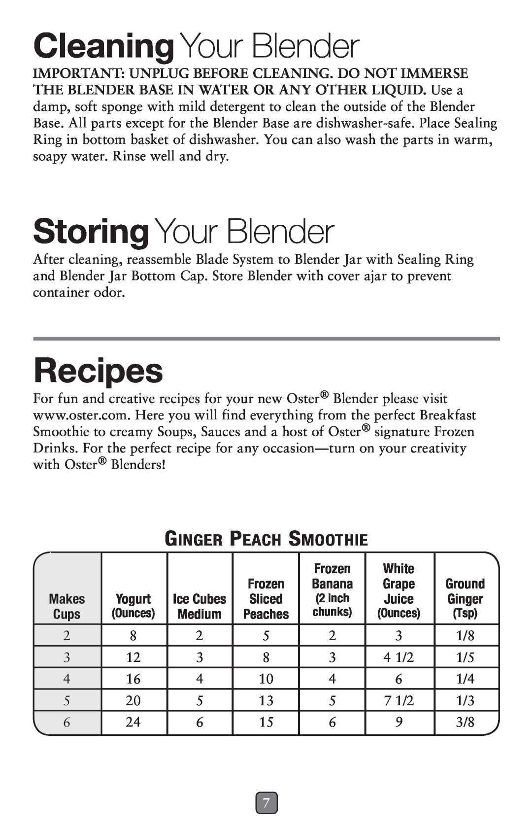 Oster BLSTSS-PZO user manual Cleaning Your Blender, Storing Your Blender, Recipes, Ginger Peach Smoothie, Frozen, White 