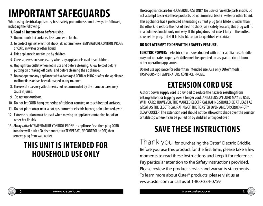 Oster Electric Griddle, CKSTGRFM05 warranty Important Safeguards, Read all instructions before using 
