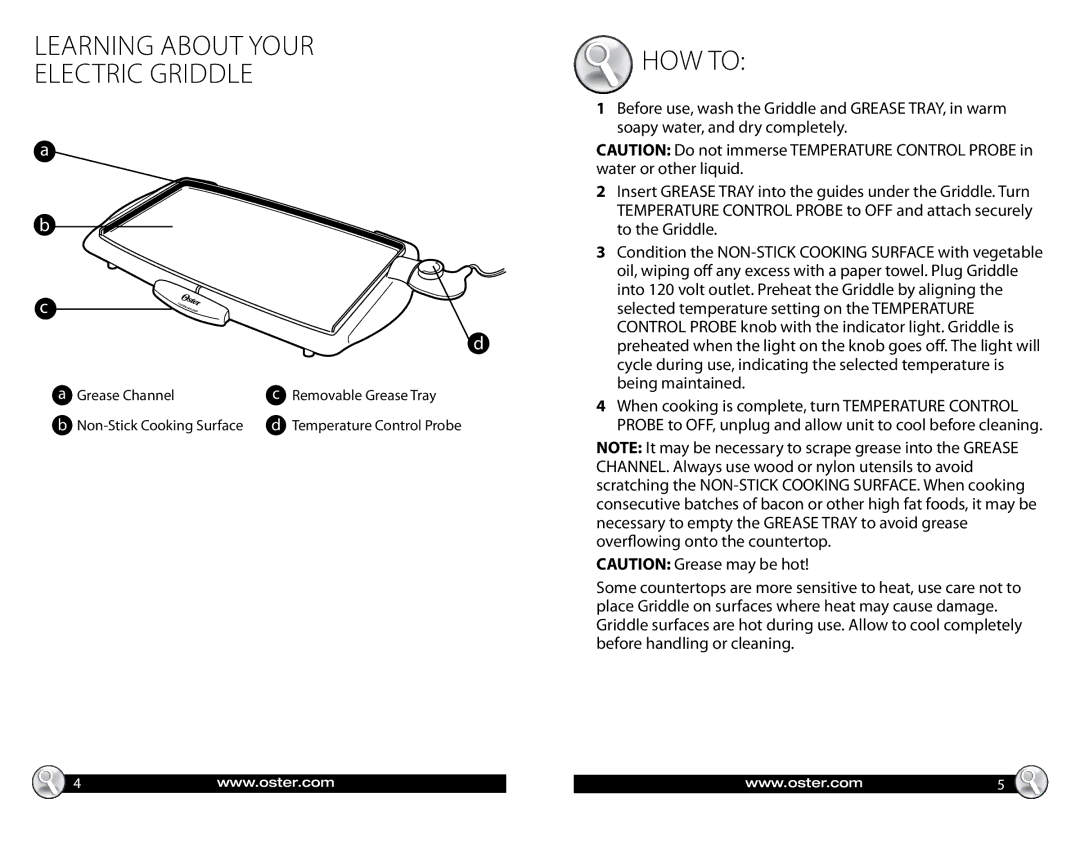 Oster CKSTGRFM05, Electric Griddle warranty Learning about your electric griddle 