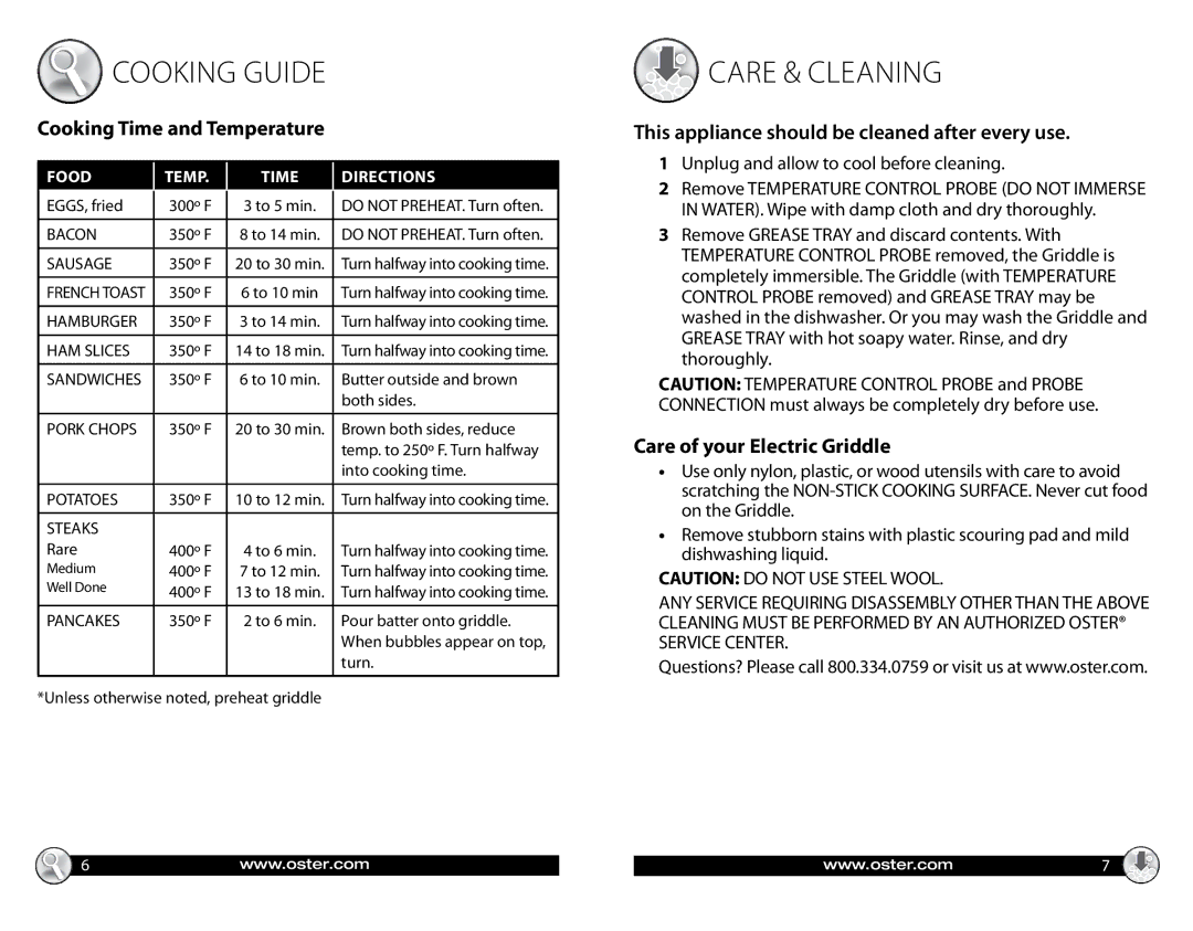 Oster CKSTGRFM05 warranty This appliance should be cleaned after every use, Care of your Electric Griddle 