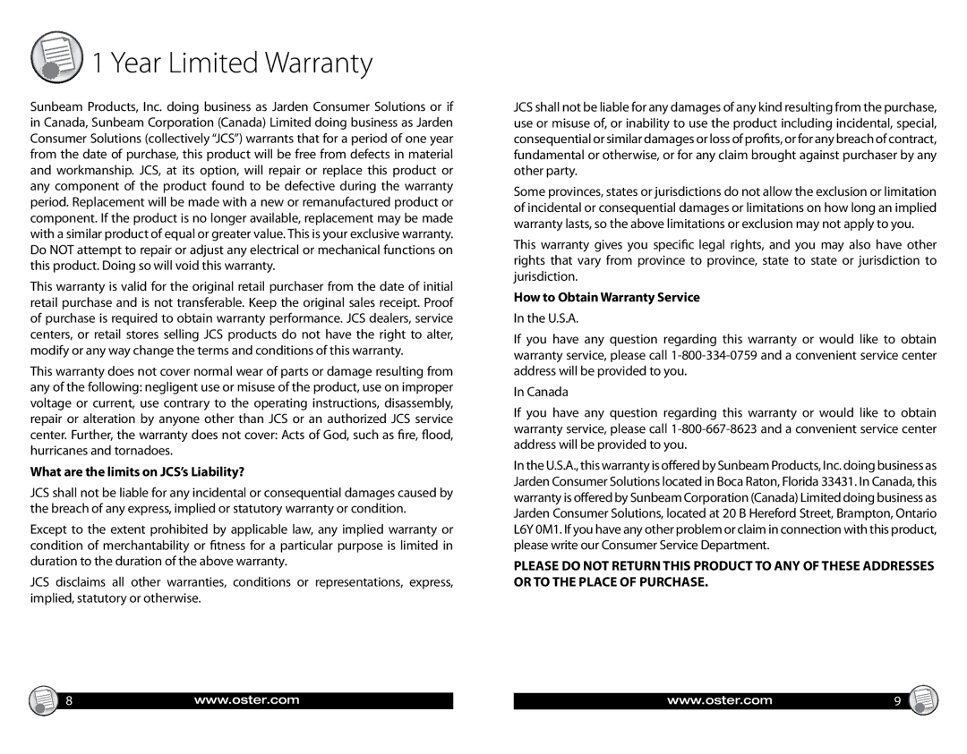 Oster CKSTGRFM05, Electric Griddle warranty What are the limits on JCS’s Liability?, How to Obtain Warranty Service 