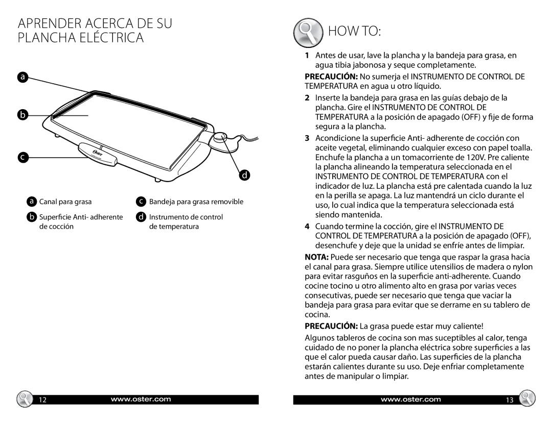 Oster CKSTGRFM05, Electric Griddle warranty Plancha Eléctrica 