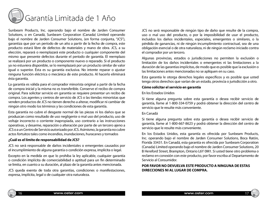 Oster CKSTGRFM05, Electric Griddle ¿Cuál es el límite de responsabilidad de JCS?, Cómo solicitar el servicio en garantía 