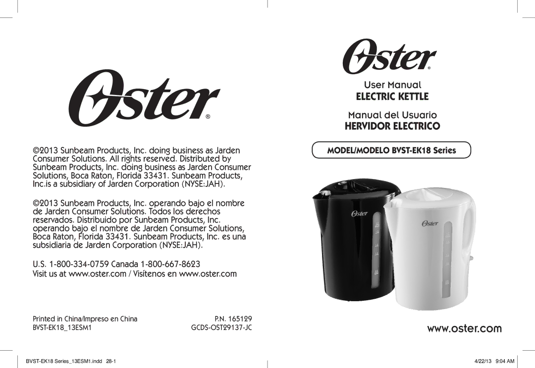 Oster BYST-EK18, Electric Kettle user manual Manual del Usuario 