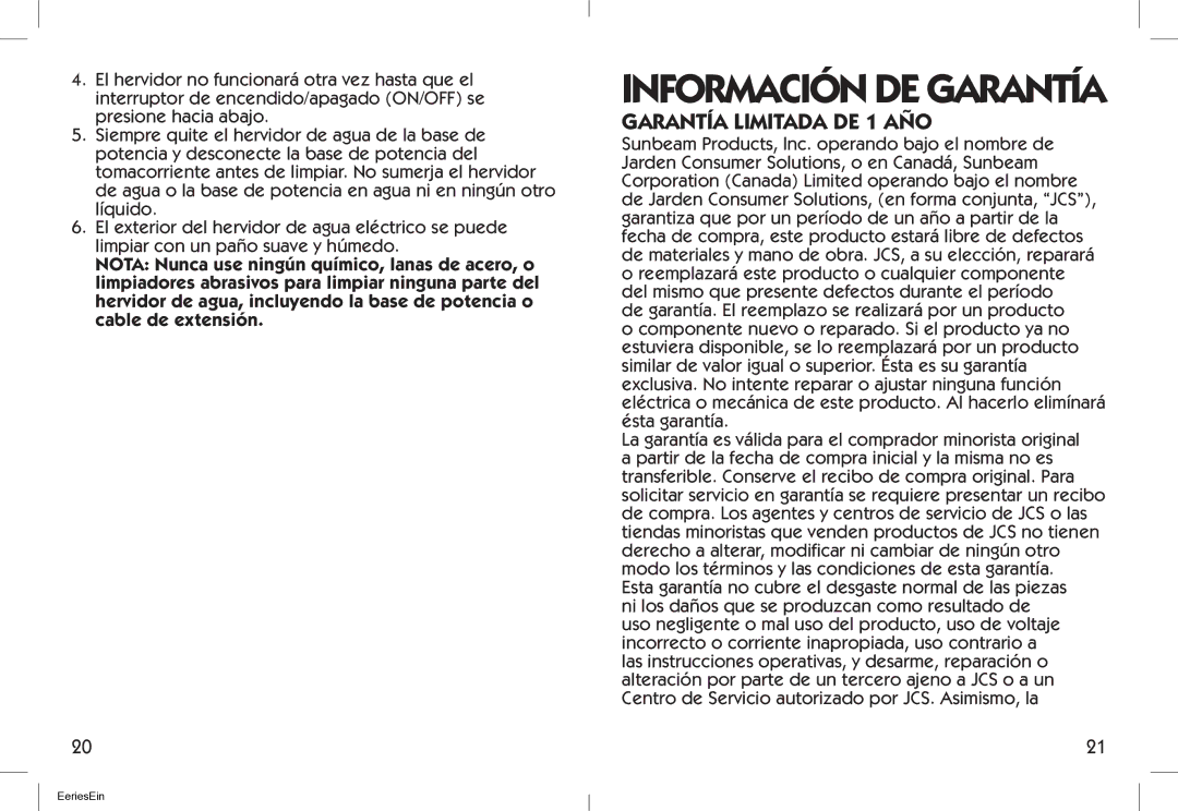 Oster BYST-EK18, Electric Kettle user manual Información DE Garantía, Garantía Limitada DE 1 AÑO 