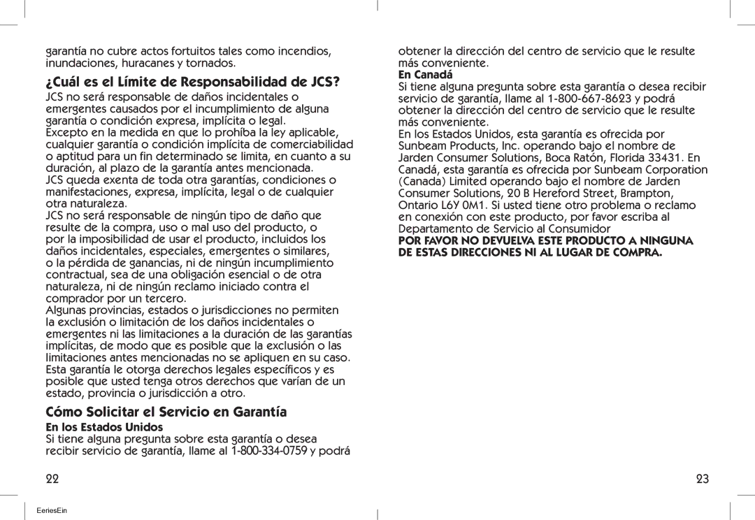 Oster Electric Kettle ¿Cuál es el Límite de Responsabilidad de JCS?, Cómo Solicitar el Servicio en Garantía, En Canadá 