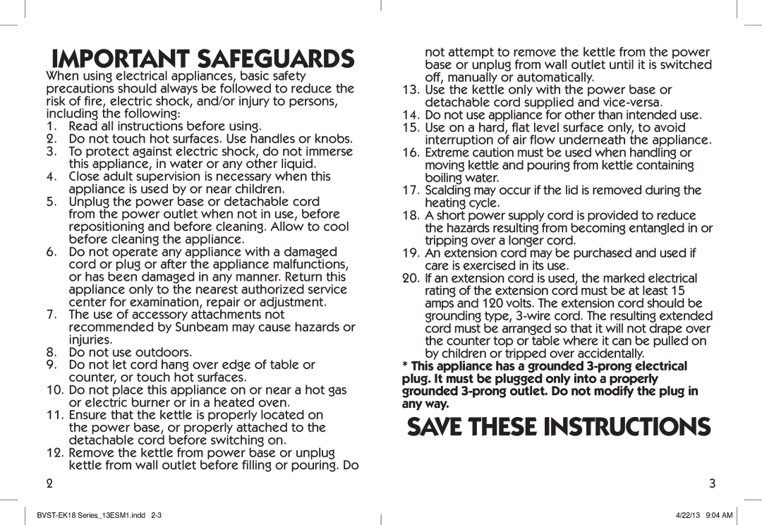 Oster Electric Kettle, BYST-EK18 user manual Important Safeguards 