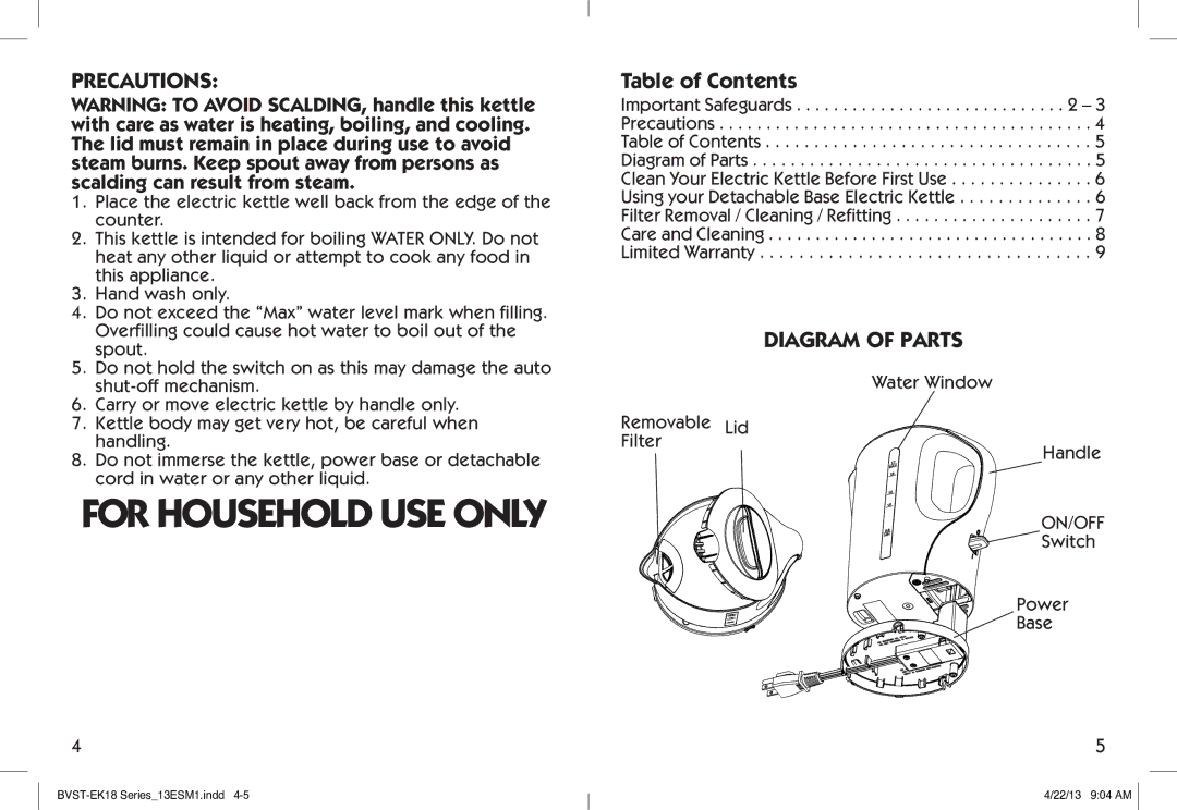 Oster BYST-EK18, Electric Kettle user manual Precautions, Table of Contents, Diagram of Parts 