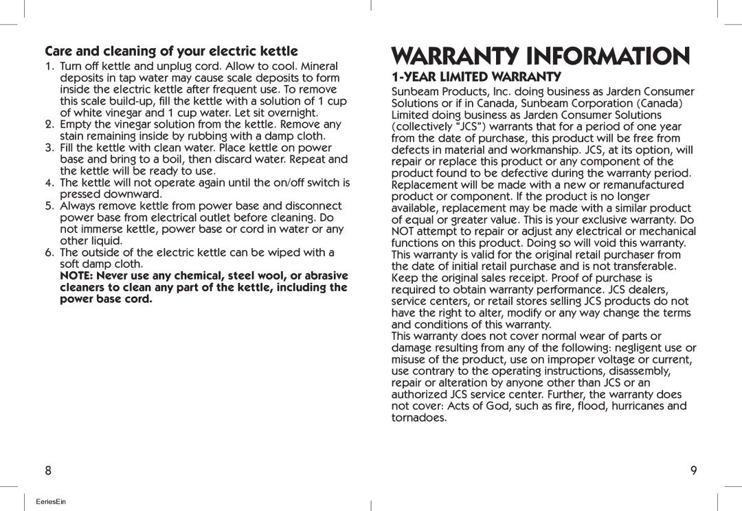 Oster BYST-EK18, Electric Kettle Warranty Information, Care and cleaning of your electric kettle, Year Limited Warranty 