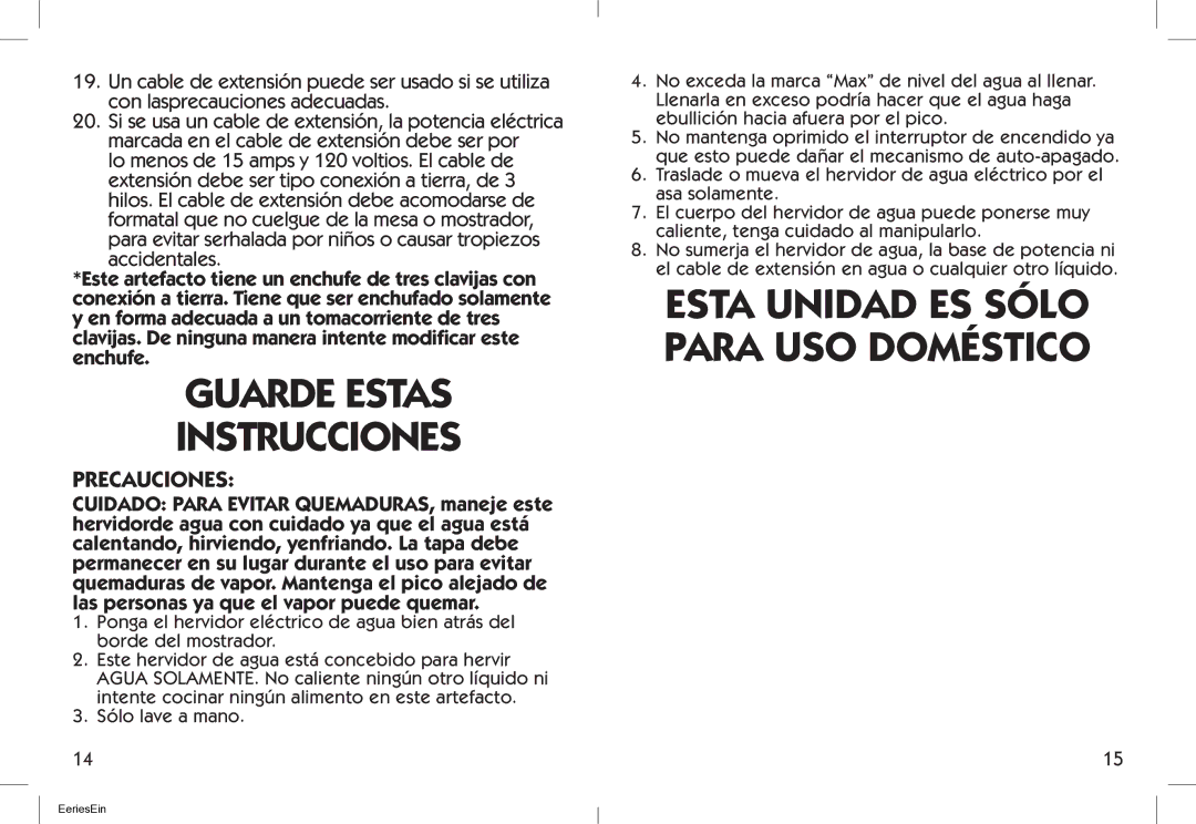 Oster Electric Kettle, BYST-EK18 user manual Guarde Estas Instrucciones, Precauciones 