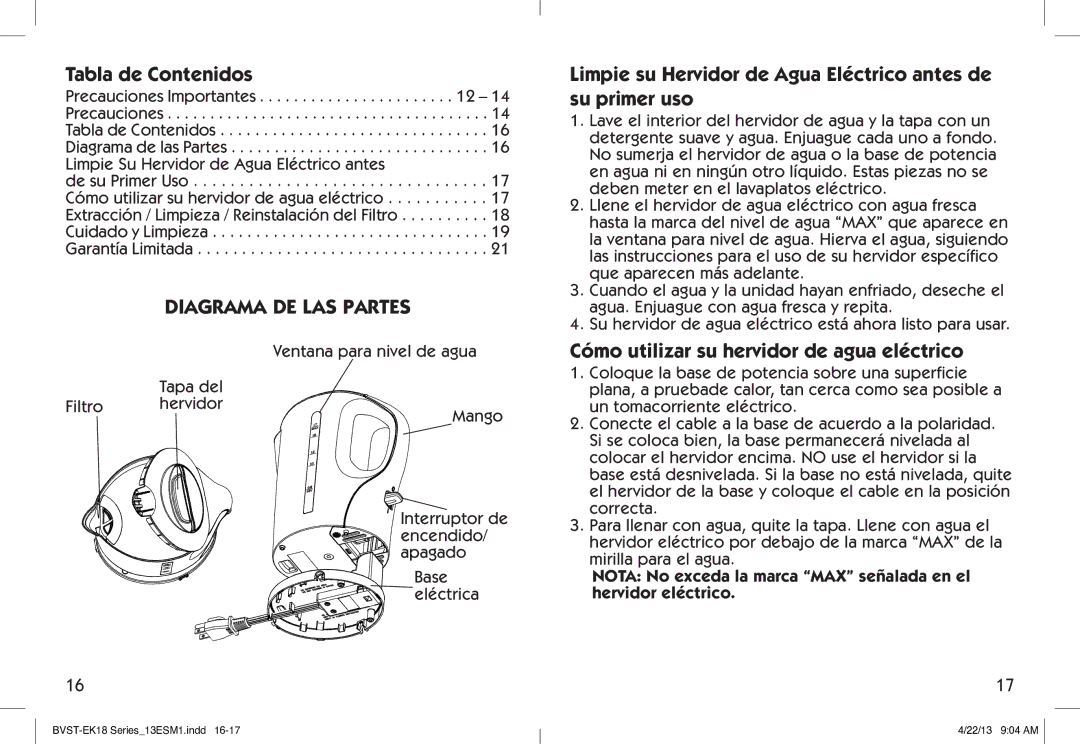 Oster BYST-EK18 Tabla de Contenidos, Diagrama DE LAS Partes, Limpie su Hervidor de Agua Eléctrico antes de su primer uso 