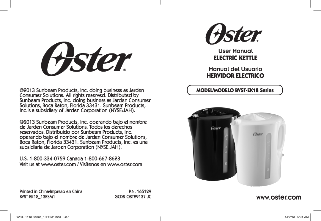 Oster BYST-EK18, Electric Kettle user manual Manual del Usuario 