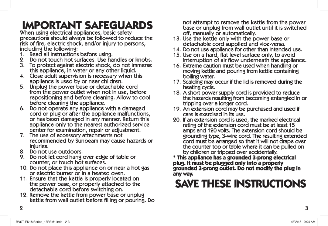 Oster Electric Kettle, BYST-EK18 user manual Important Safeguards, Save These Instructions 
