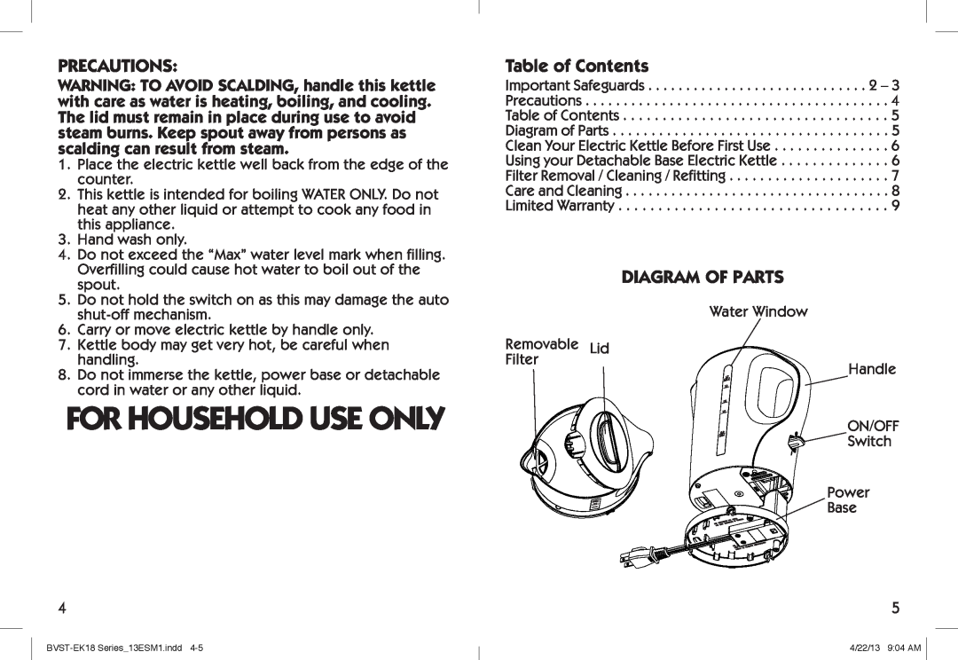 Oster BYST-EK18, Electric Kettle user manual For Household Use Only, Precautions, Table of Contents, Diagram Of Parts 