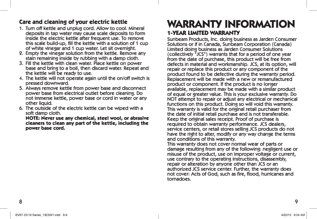Oster BYST-EK18, Electric Kettle Warranty Information, Care and cleaning of your electric kettle, Year Limited Warranty 