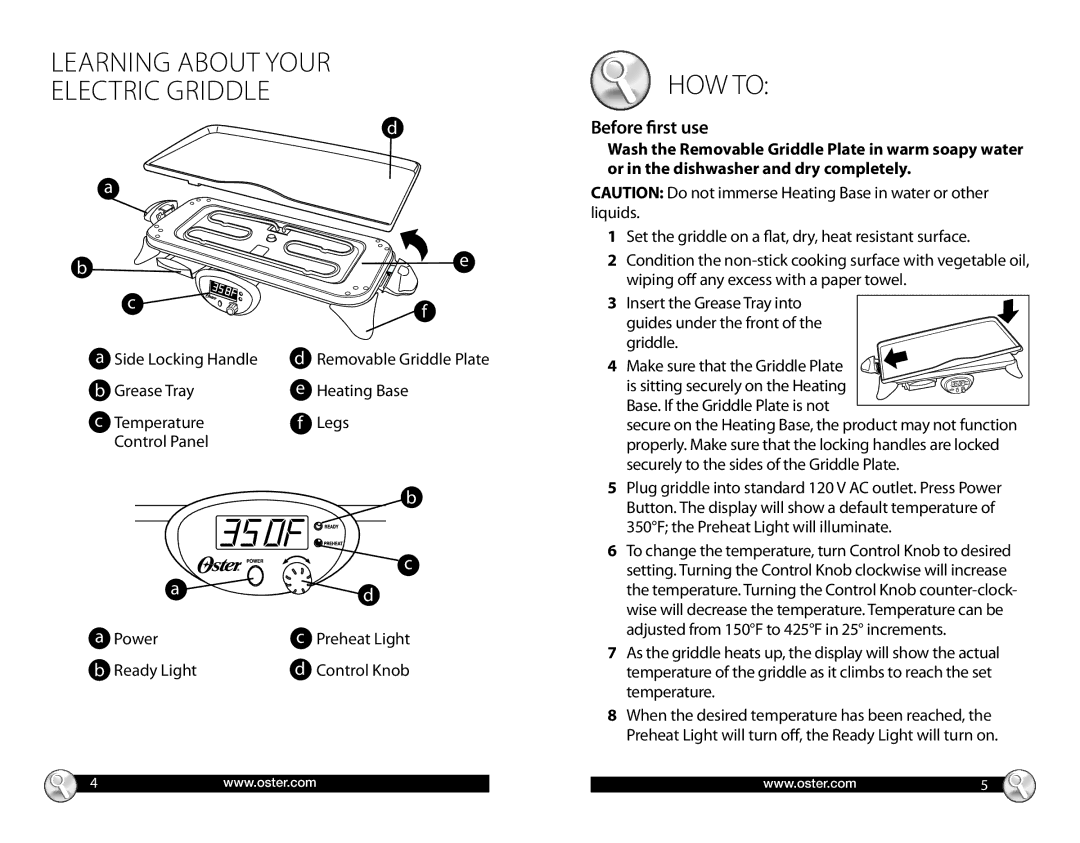 Oster Electric Removable Griddle, CKSTGRRD25 warranty Learning about your, Electric griddle 