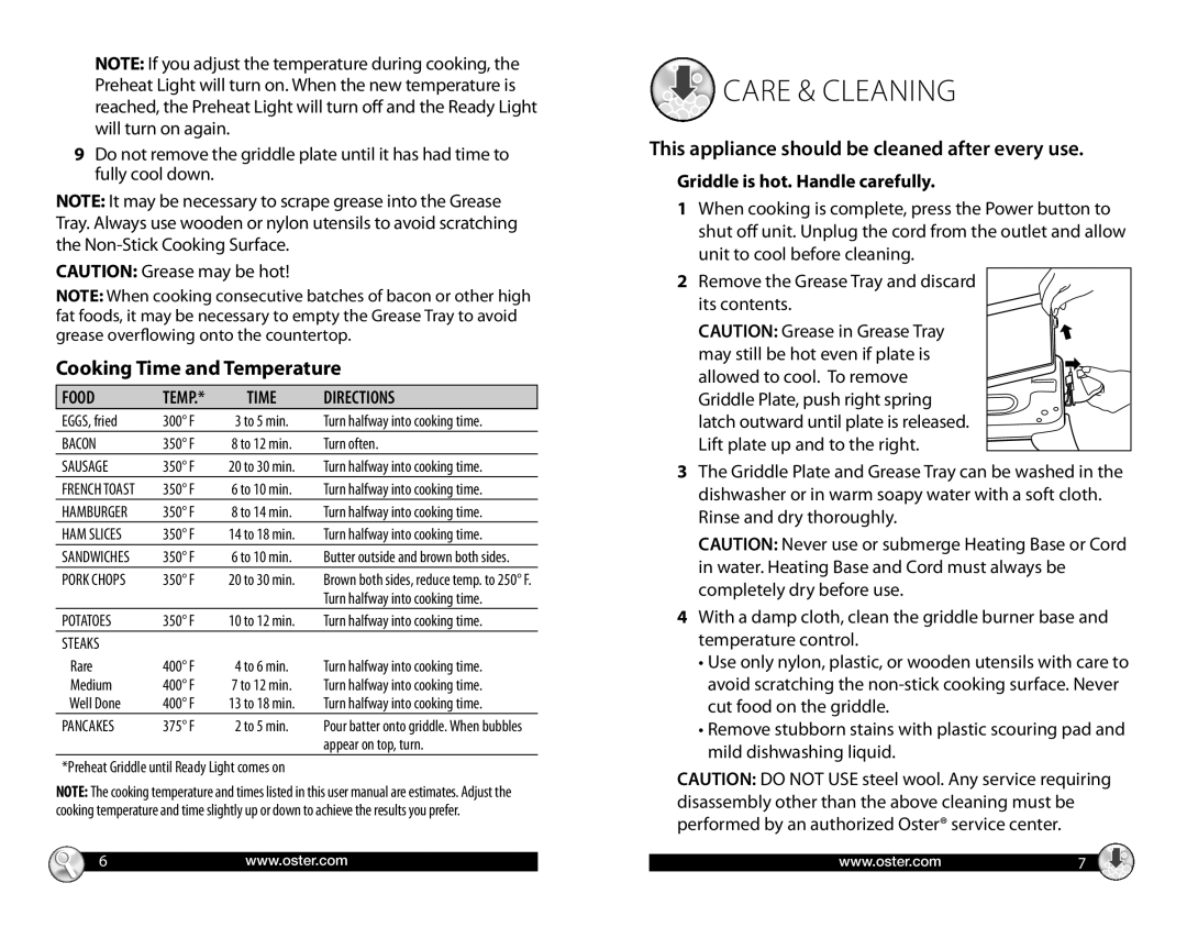 Oster CKSTGRRD25, Electric Removable Griddle warranty Care & cleaning, Cooking Time and Temperature 