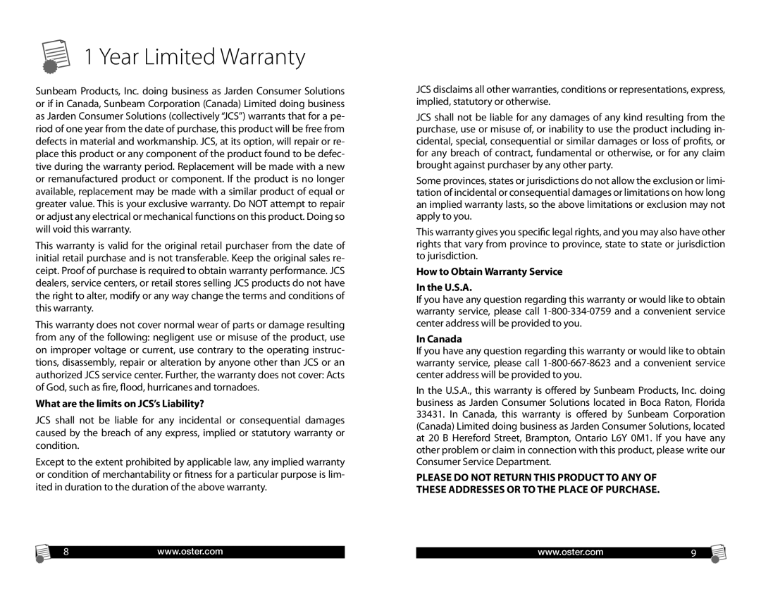 Oster Electric Removable Griddle What are the limits on JCS’s Liability?, How to Obtain Warranty Service U.S.A, Canada 