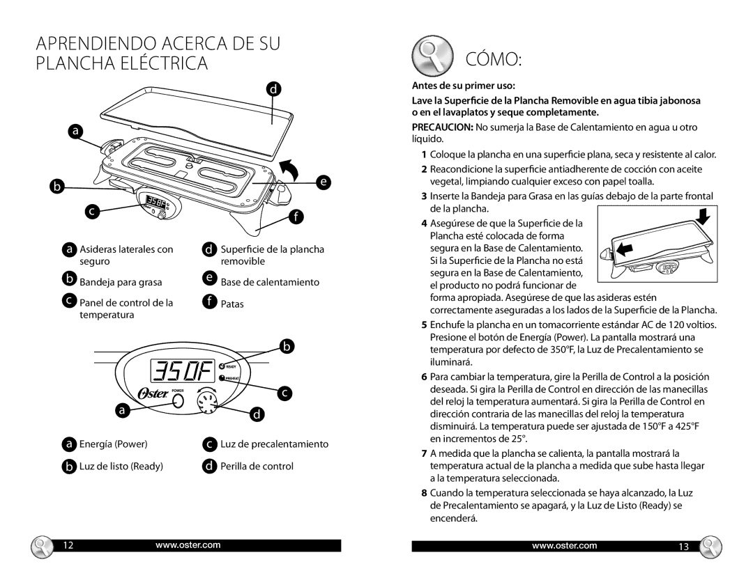 Oster Electric Removable Griddle, CKSTGRRD25 warranty Antes de su primer uso, En el lavaplatos y seque completamente 