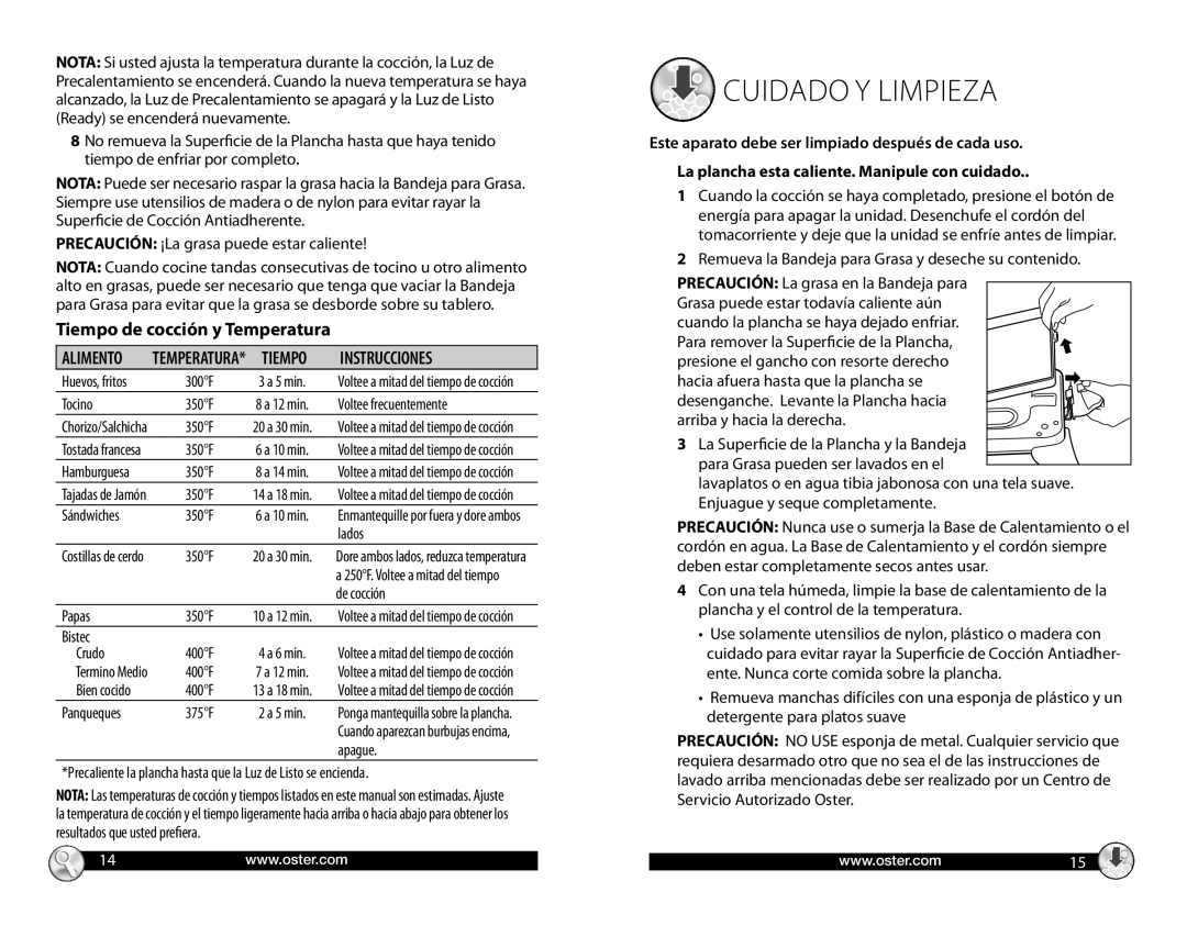 Oster CKSTGRRD25, Electric Removable Griddle warranty Cuidado y liMPieZa, Tiempo Instrucciones 