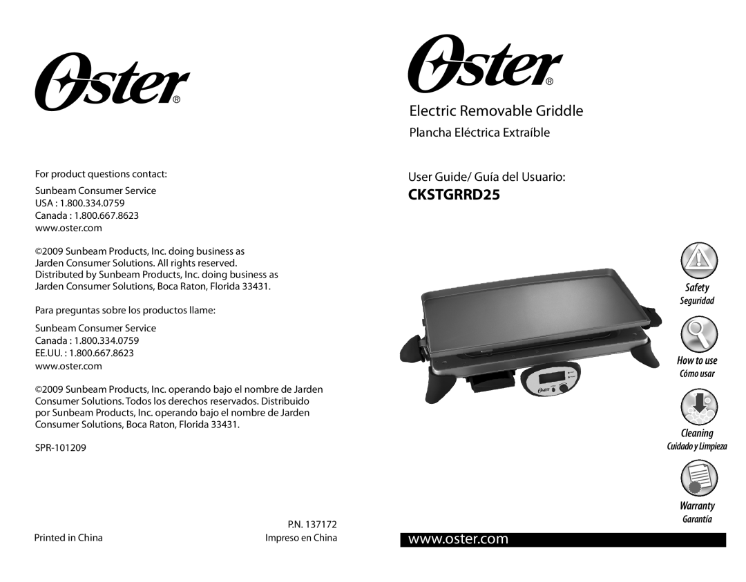 Oster Electric Removable Griddle warranty CKSTGRRD25, Plancha Eléctrica Extraíble User Guide/ Guía del Usuario, Safety 