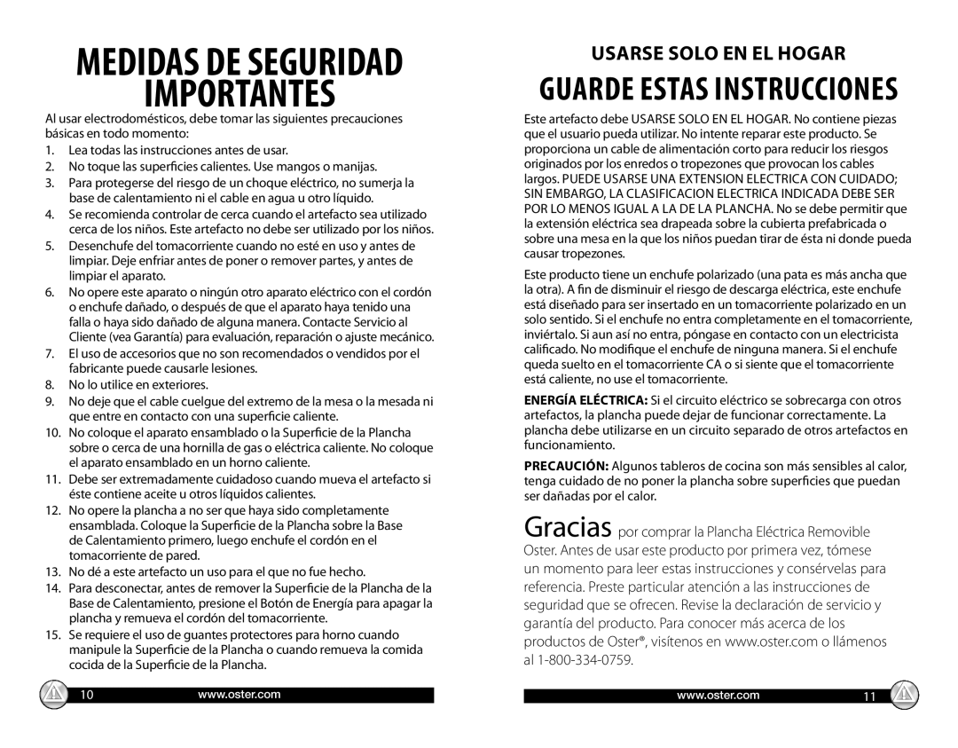 Oster CKSTGRRD25 warranty Usarse Solo En El Hogar, Importantes, Medidas De Seguridad, Guarde Estas Instrucciones 