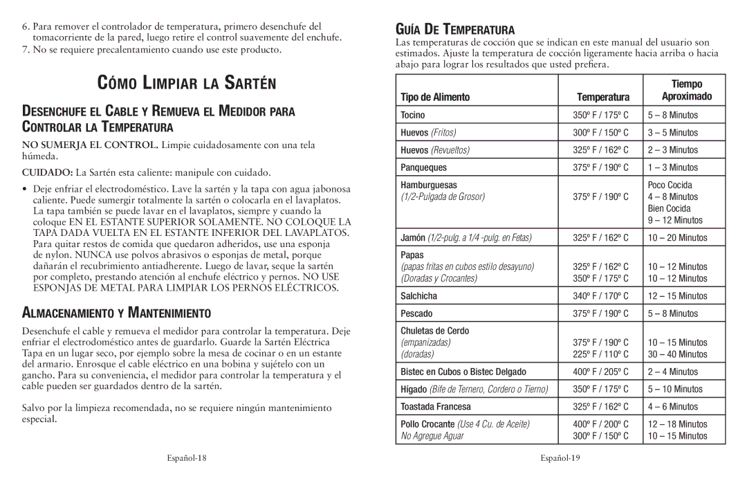 Oster Electric Skillet, 149701 user manual Cómo Limpiar la Sartén, Almacenamiento y Mantenimiento, Guía De Temperatura 