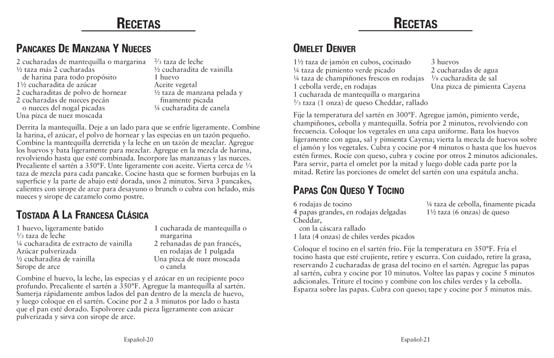 Oster 149701 Pancakes De Manzana Y Nueces, Omelet Denver, Tostada a La Francesa Clásica, Papas Con Queso Y Tocino 