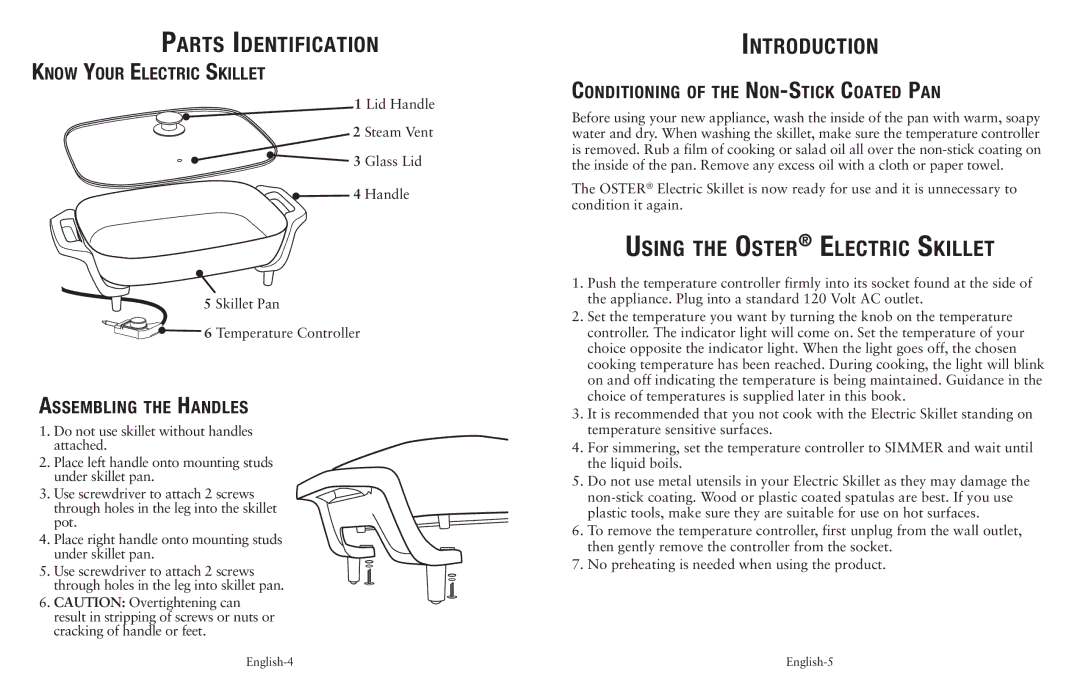 Oster 149701 user manual Parts Identification, Introduction, Using the Oster Electric Skillet 