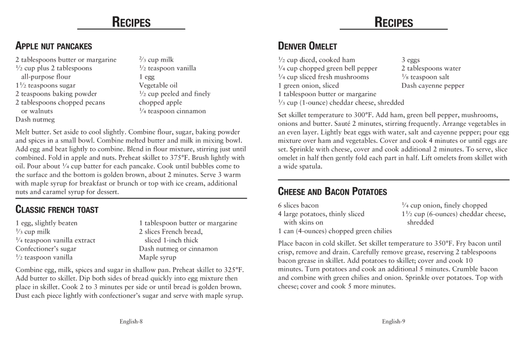 Oster 149701, Electric Skillet Apple nut pancakes, Classic french toast, Denver Omelet, Cheese and Bacon Potatoes 