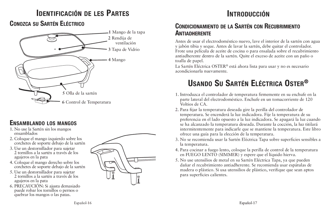 Oster 149701 Identificación de les Partes, Introducción, Usando Su Sartén Eléctrica Oster, Conozca su Sartén Eléctrico 