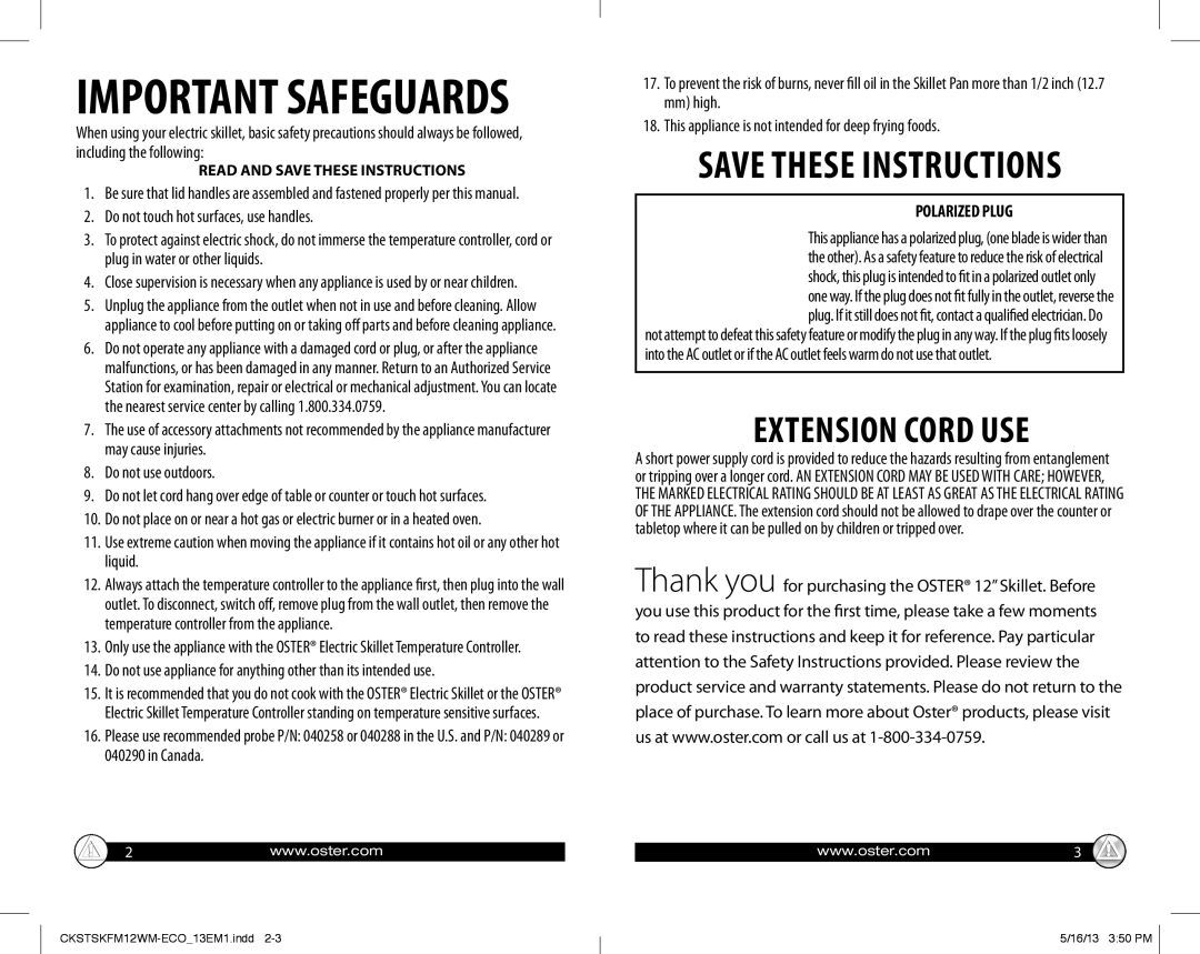 Oster Electric Skillet, 166145 warranty Important Safeguards, Do not touch hot surfaces, use handles 