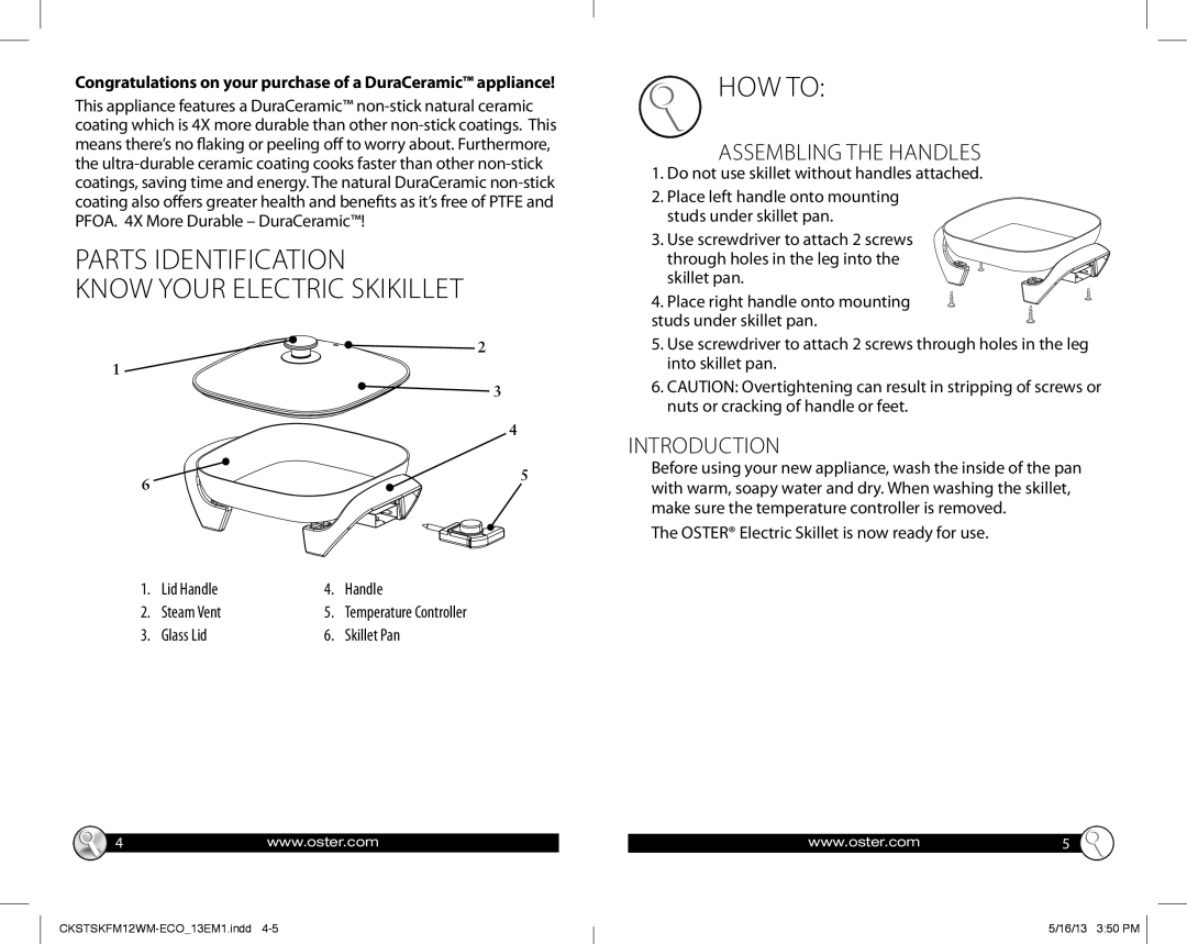 Oster 166145 warranty Parts Identification Know Your Electric Skikillet, HOW to, Assembling the Handles, Introduction 