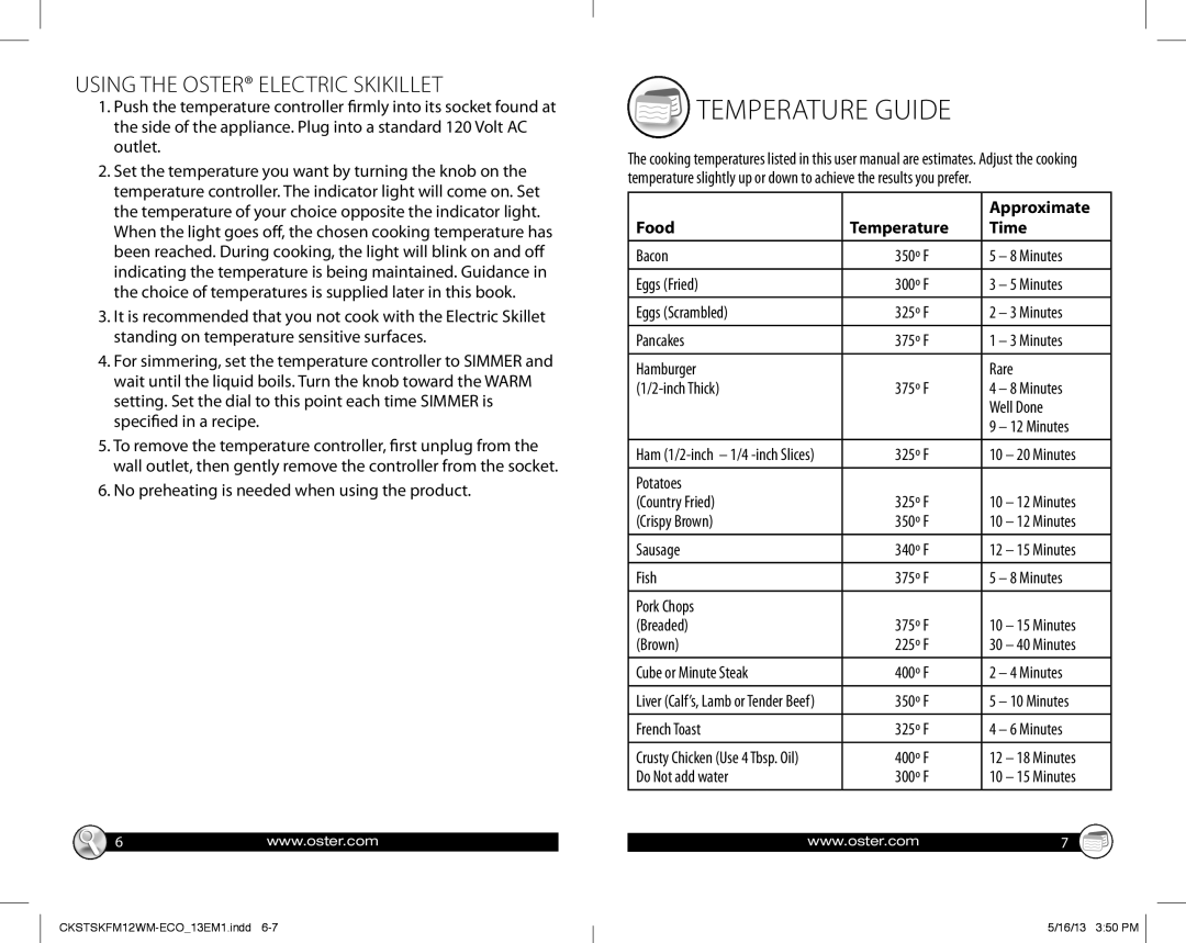 Oster Electric Skillet, 166145 Temperature Guide, Using the Oster Electric Skikillet, Approximate Food Temperature Time 