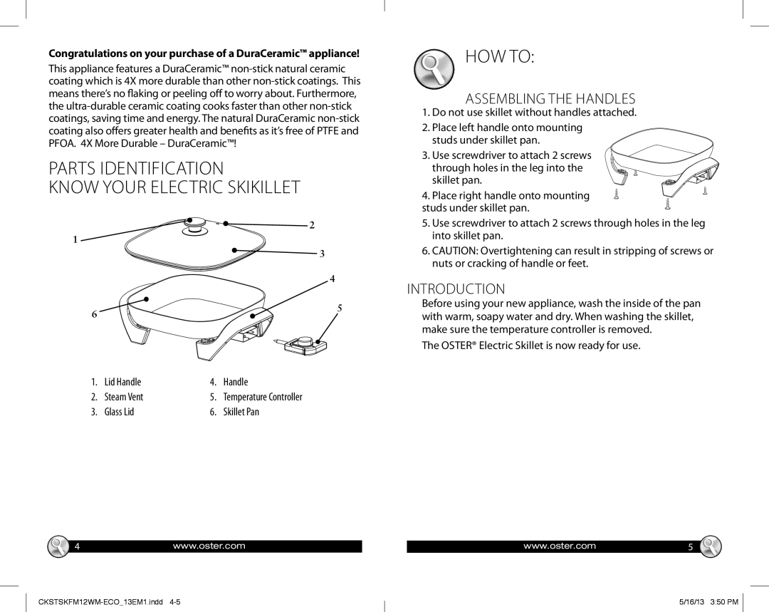 Oster 166145 warranty Parts Identification Know Your Electric Skikillet, How To, Assembling The Handles, Introduction 