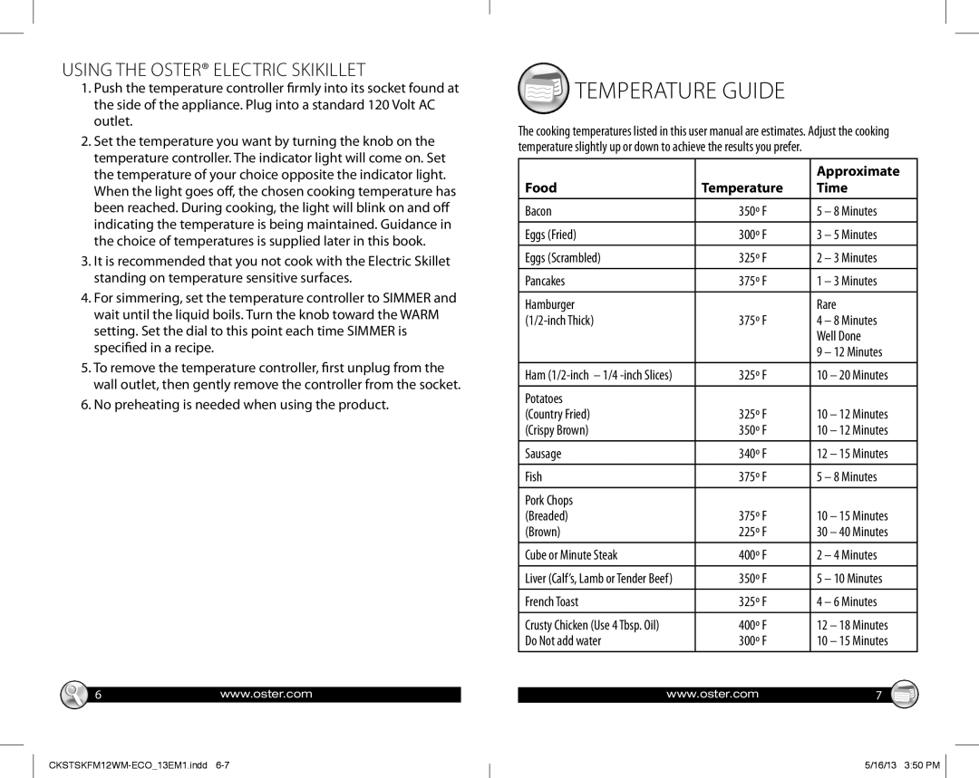 Oster Electric Skillet, 166145 warranty Temperature Guide, Using The Oster Electric Skikillet, Approximate, Food, Time 