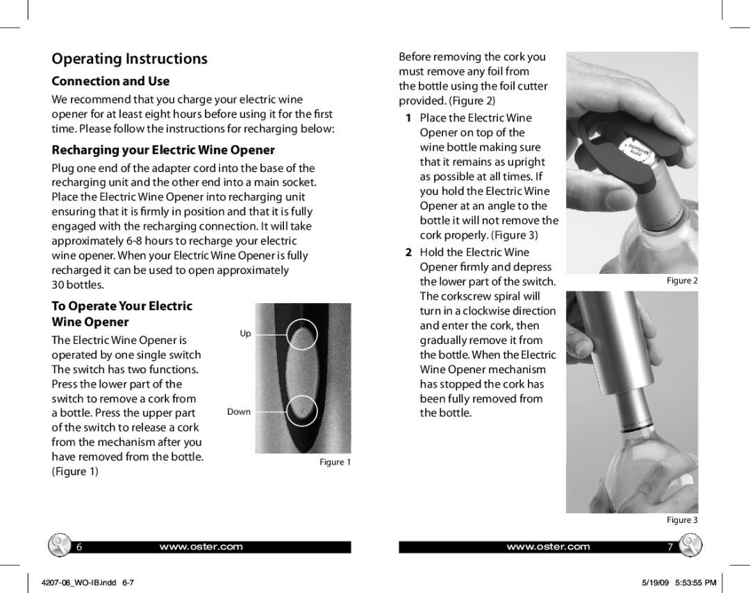 Oster 4208, 4207 warranty Operating Instructions, Connection and Use, Recharging your Electric Wine Opener 