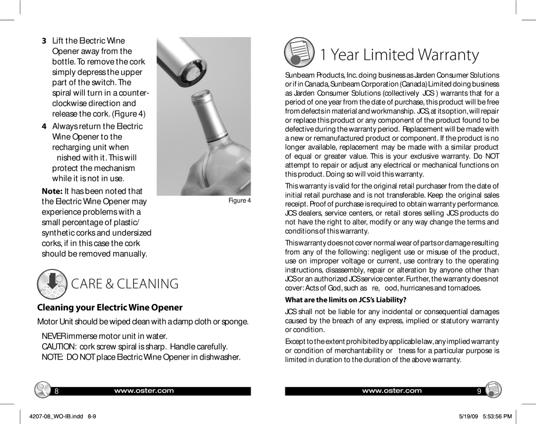 Oster Electric Wine Opener with Chiller, 4207 Cleaning your Electric Wine Opener, What are the limits on JCS’s Liability? 